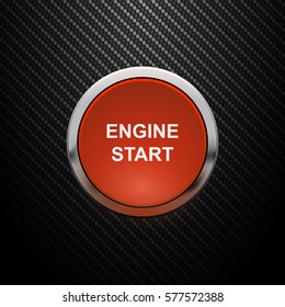 Realistic Red Engine start button on carbon background, vector illustration