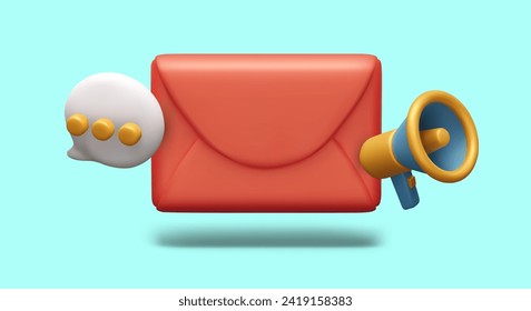 Realistic red envelope, megaphone, comment bubble with three dots