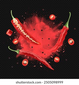 Realistic red explosion spice powder or paprika with flying half, whole, slice of chili cayenne pepper and peppercorns. Template or element design for ads.