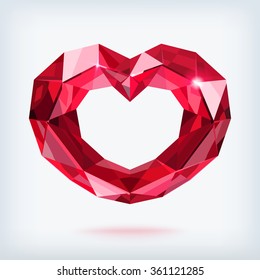 Realistic red faceted ruby stylized in heart form on light background vector illustration