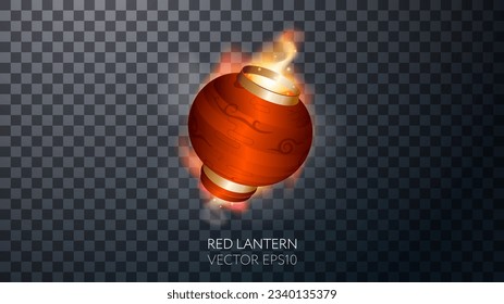 Realistic red festive Chinese lantern. Light from within with waves and flashes of magical fire. Sparks and flashes fly from the flame. 3d object on a transparent background.