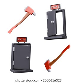 Realistic red fire axe, open door with exit sign. Set of objects in different positions