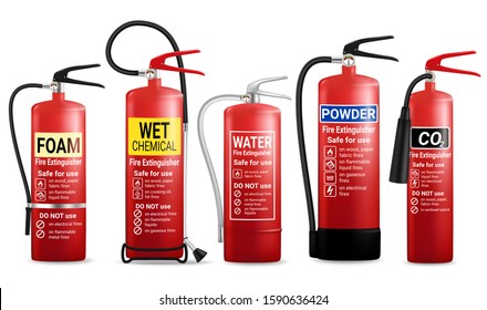 Realistic red fire extinguisher with nozzle set, vector illustration isolated on white background. Portable fire extinguishing equipment.