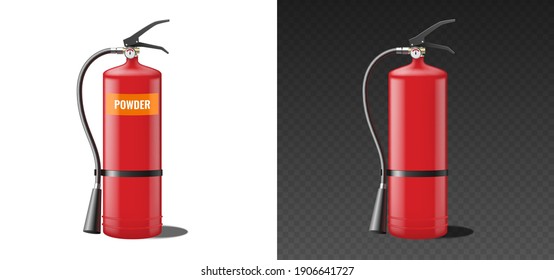 Realistic red fire extinguisher working on dry powder. Extinguisher template mockup isolated with label and empty for branding. 3d vector illustration