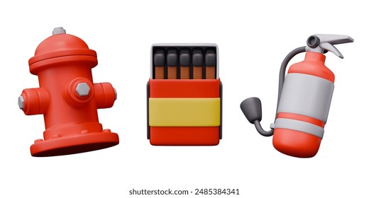 Realistic red fire hydrant, matchbox, fire extinguisher. Empty vector labels