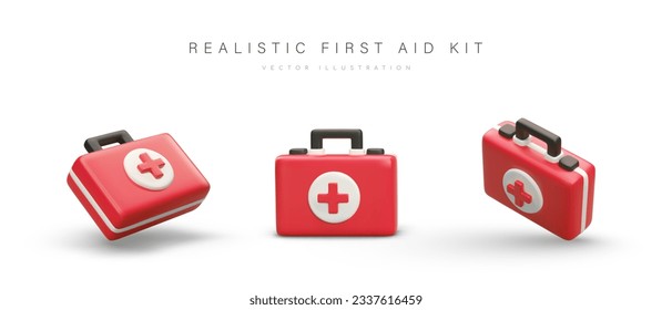 Realistic red first aid kits in cartoon style. Set of vector isolated images on white background. Medicines and items for emergency medical care. Icons for web design