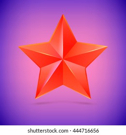 Realistic red five-pointed star. Symbol of victory in competitions or contests, template for your design. Illustration on colored background.