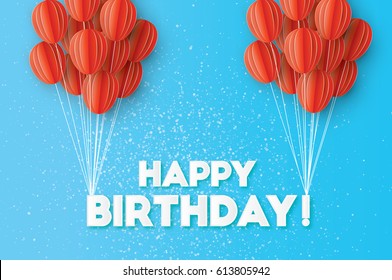 Realistic Red Flying Paper cut balloons. Colorful decoration for party, celebration, banner, card, gift. Happy Birthday Greeting card. Vector Illustration.