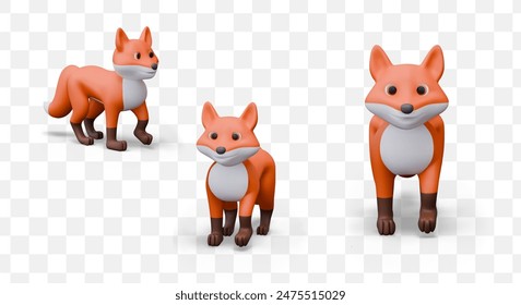 Realistic red fox, view from different sides. Predator, wild animal