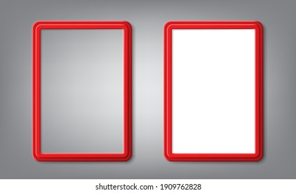 Realistic red frames with rounded corners and shadows are blank mockup. Vector modern design of template photo frame A4 size is perfect for presentations, photos and pictures