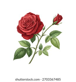 Realistic red French rose vector with lush petals and green leaves. Elegant botanical design perfect for wedding invitations, perfume packaging, cards, and romantic floral decor.