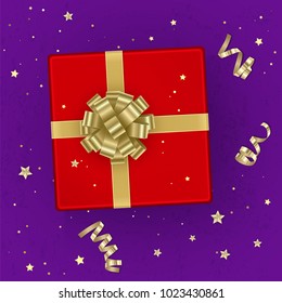 A realistic red gift box decorated with a gold bow, top view. Vector illustration