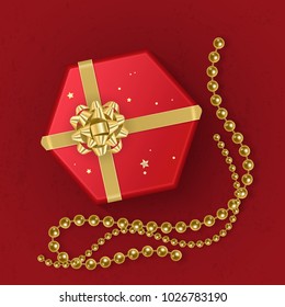 A realistic red gift box decorated with a gold bow, top view. Vector illustration