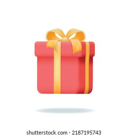 Realistic red gift box with gold ribbon bow. 3d Vector icon for present, birthday or wedding banners isolated on white background.