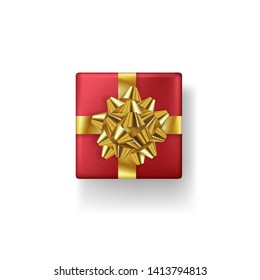 Realistic red gift box with golden bow and ribbons isolated on white background. Vector illustration. Top view.