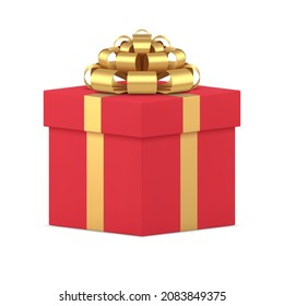 Realistic red gift box with metallic golden bow ribbon 3d vector illustration. Traditional surprise festive cardboard with decided gift inside isolated. Cube holiday package