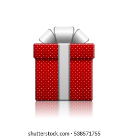 Realistic red gift box with pattern, vector isolated object.