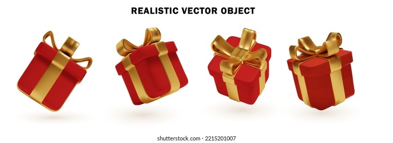 Realistic red gift box set with golden bow. Christmas 3d boxes with ribbon isolated on white background. hristmas decoration objects