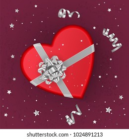 A realistic red gift box with shape of heart decorated with a silver bow, top view. Vector illustration