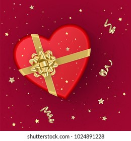A realistic red gift box with shape of heart decorated with a gold bow, top view. Vector illustration