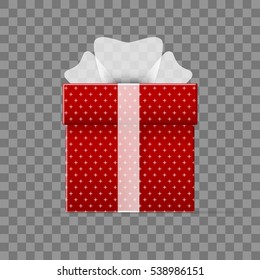 Realistic Red Gift Box With Transparent Bow And Simple Pattern. EPS10 Vector