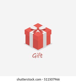 Realistic red gift box with white bow. Vector illustration logo. Christmas design.