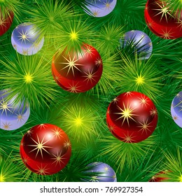 Realistic red glass balls with
festive golden stars against the background of Christmas tree branches with lights. Seamless vector pattern. Congratulatory poster.