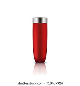 Realistic red glass bottle with silver cap. Empty package for skincare cosmetic - face emulsion or lotion. Blank template of container. Vector mockup isolated on white background.