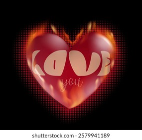 Realistic Red Glass Fire Heart vector shape. Valentine Day greeting card.Transparent bubble heart 3d Balloon Inflated shape, abstract, elements. Modern Love fluid. Bubbly,balloon, three-dimensional