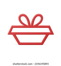 Realistic red glossy decorative Christmas gift box toy for holiday celebrating 3d vector illustration. Bright classic Xmas metallic contour design present with bow for hanging on festive spruce