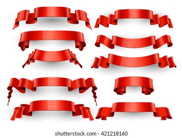 Realistic Red Glossy vector ribbons. Large set. vector