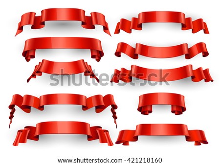 Realistic Red Glossy vector ribbons. Large set. vector