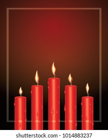 Realistic Red Glowing Candles with Melted Wax and Frame. Vector Illustration.