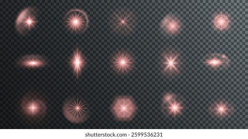 realistic red glowing light effect with bright flares, sparkling glares, and shimmering beams. Perfect for sunlight, starlight, fireworks, magical energy, and festive vector designs. Isolated vector.