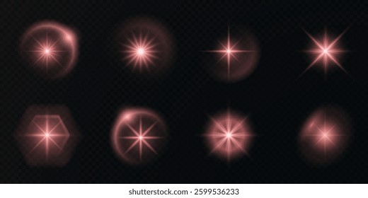 realistic red glowing light effect with bright flares, sparkling glares, and shimmering beams. Perfect for sunlight, starlight, fireworks, magical energy, and festive vector designs. Isolated vector.