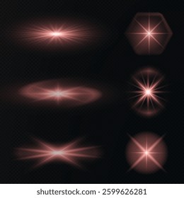 realistic red glowing light effect with bright flares, sparkling glares, and shimmering beams. Perfect for sunlight, starlight, fireworks, magical energy, and festive vector designs. Isolated vector.