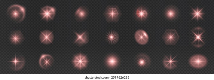 realistic red glowing light effect with bright flares, sparkling glares, and shimmering beams. Perfect for sunlight, starlight, fireworks, magical energy, and festive vector designs. Isolated vector.