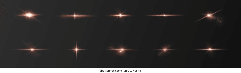 realistic red glowing light effect with bright flares, sparkling glares, and shimmering beams. Perfect for sunlight, starlight, fireworks, magical energy, and festive vector designs. Isolated vector