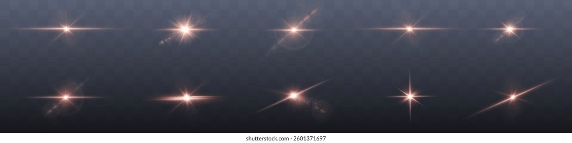 realistic red glowing light effect with bright flares, sparkling glares, and shimmering beams. Perfect for sunlight, starlight, fireworks, magical energy, and festive vector designs. Isolated vector