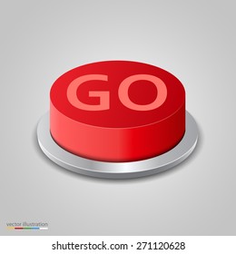 Realistic red go button on white background. Vector illustration