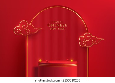 Realistic red and gold 3D cylinder stand or podium with arch shape backdrop and clouds flying. Minimal scene for products showcase, Promotion display. Abstract room geometric forms. Happy lantern day.