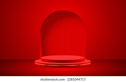 Realistic red gold 3D cylinder pedestal podium with black corrugated on window arch shape vector display illustration.