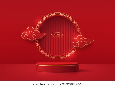 Realistic red gold 3D cylinder podium with circle window and cloud in chinese style. Minimal scene for products showcase, Promotion display. Abstract studio room platform. Happy lantern day concept.