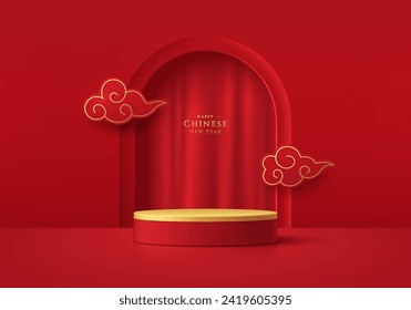Realistic red, gold 3D cylinder podium with curtain in arch gate and cloud chinese style. Minimal scene products showcase, Promotion display. Abstract studio room platform. Happy lantern day concept.