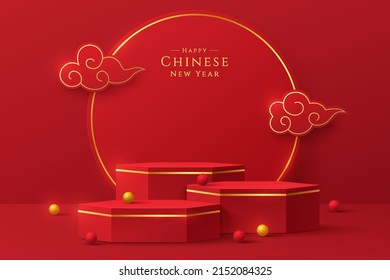 Realistic red, gold 3D hexagon pedestal podium set with circle ring scene. Minimal scene for chinese new year. Stage showcase, Promotion products mockup display. Vector abstract room, geometric forms.