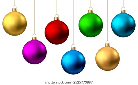 Realista rojo, oro, azul, verde, púrpura bolas de Navidad aisladas sobre fondo blanco.  Nueva chuchería del año. Decoración del árbol de Navidad de Vector.