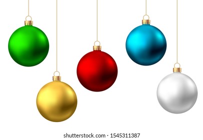 Realistic  red, gold, green, blue, silver  Christmas  balls  isolated on white background. Vector  Xmas  tree decoration.