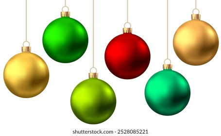 Realistic  red, gold,  green  Christmas  balls  isolated on white background.  New Year bauble. Vector  Xmas  tree decoration.