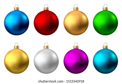 Realistic  red, gold, silver, blue, green, purple  Christmas  balls  isolated on white background. Vector  Xmas  tree decoration. - Shutterstock ID 1515545918
