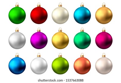 Realistic  red, gold, silver, blue, green, pink, purple  Christmas  balls  isolated on white background. Vector  Xmas  tree decoration.